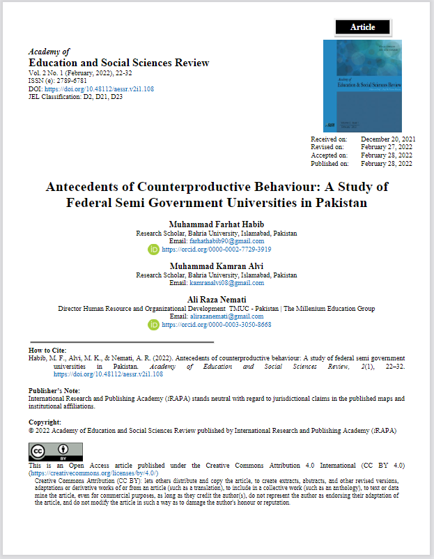 Antecedents of Counterproductive Behaviour: A Study of Federal Semi Government Universities in Pakistan