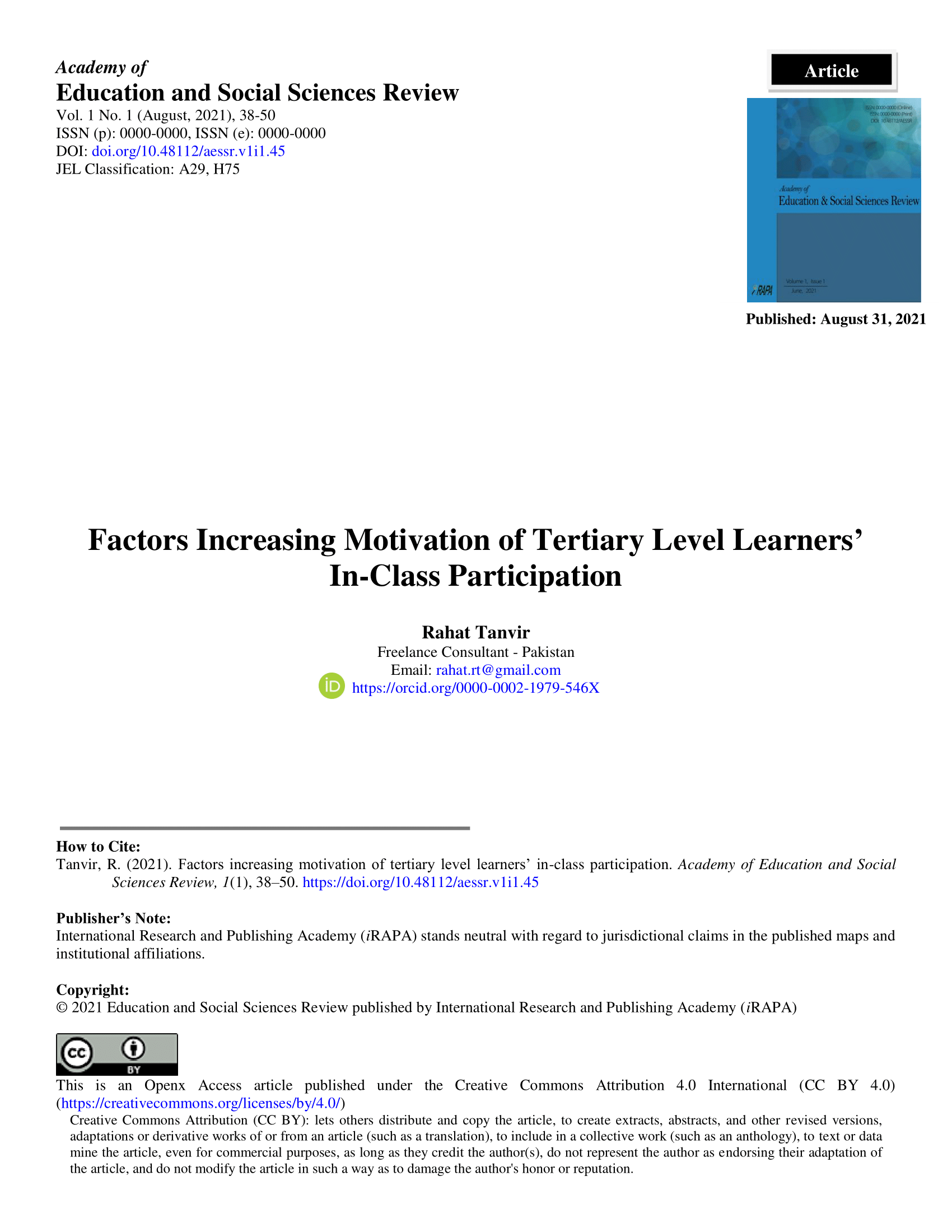  Factors Increasing Motivation of Tertiary Level Learners’ In-Class Participation