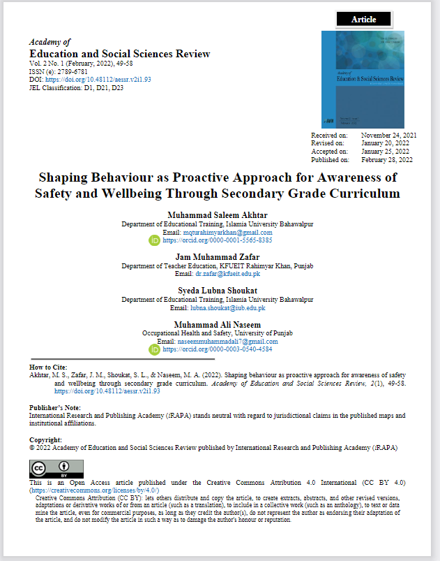 Shaping Behaviour as Proactive Approach for Awareness of Safety and Wellbeing: Secondary Grade Curriculum